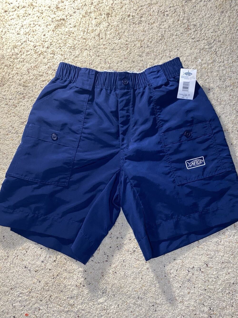 New AFTCO Mens 30 Blue Fishing Summer Beach Shorts Fish Logo Breathable Preppy